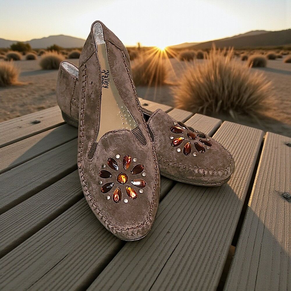 Valley Lane Suede Loafers Moccasins With Rhinestones